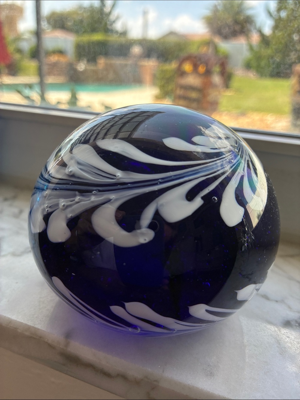 Handblown Blue and White Glass Art Sphere